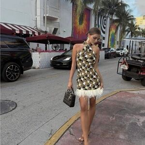 Zara Geometric Halter Mini Dress with Feather Hem